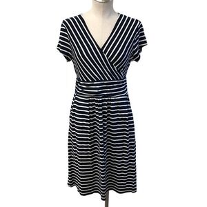 Boden Faux Wrap Dress Womens 8 Regular Navy Blue White Striped Jersey J0592